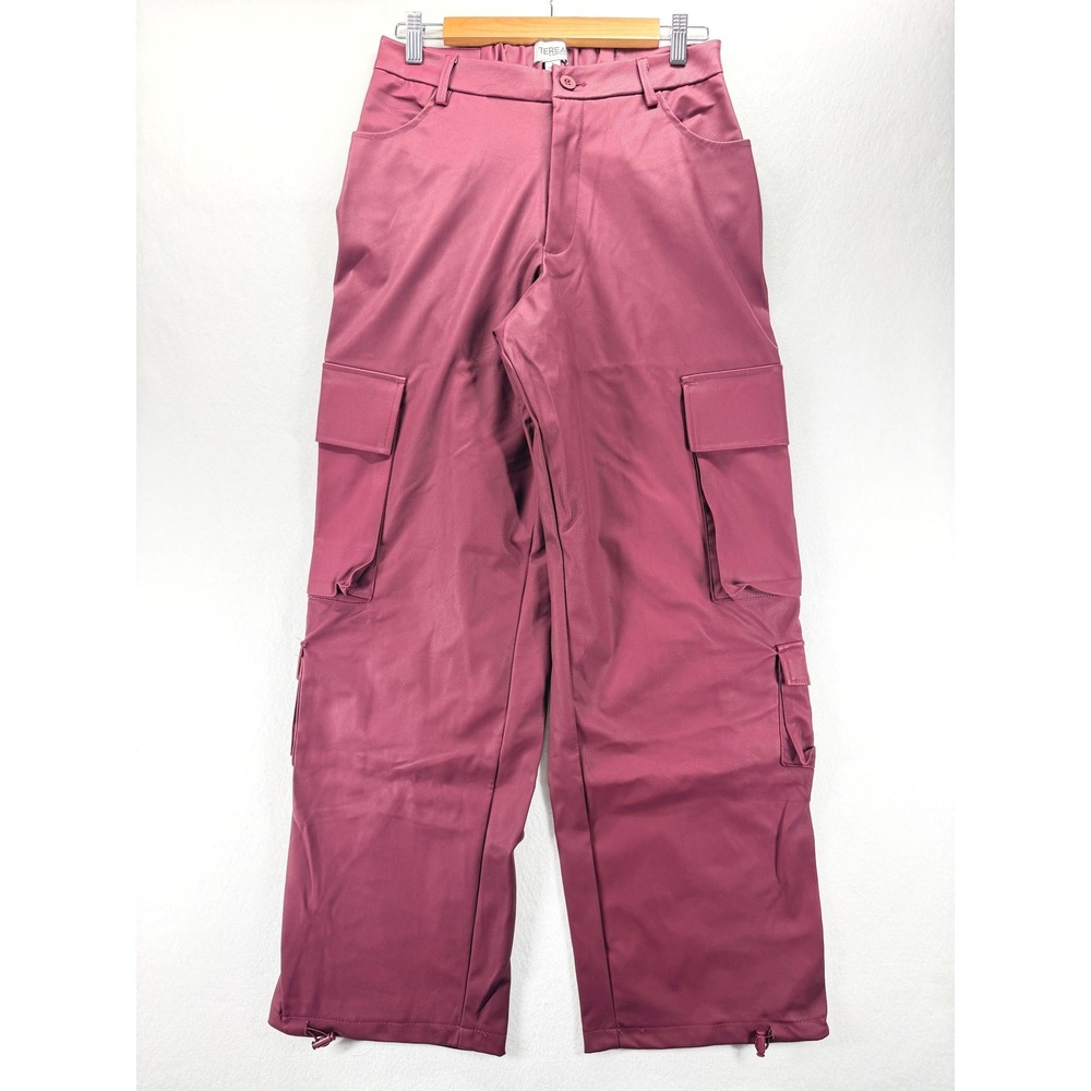 NEW TEREA Faux Leather Cargo Pants Cranberry Utility Wide Leg Small